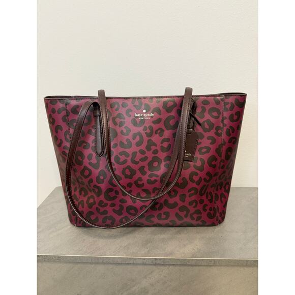 Kate Spade New York Leopard Print Margareta tote Bag burgundy shore Street - Picture 11 of 14